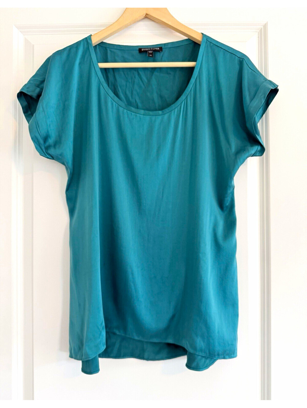 Eileen Fisher Silk Blend Top XS Teal Green Scoop Neck Cap Sleeve Luxury Basic